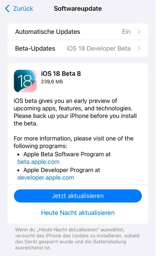 双峰苹果手机维修分享苹果 iOS / iPadOS 18 开发者预览版 Beta 8 发布 